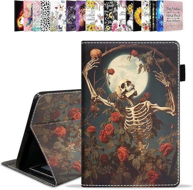 Case for All-New Amazon Kindle Fire HD 10 &amp 10 Plus Tablet 10.1 (13th/11th Generation 2023/2021 Release) - PU Leather Folio Case with Smart Auto Wake/Sleep Skull Roses
