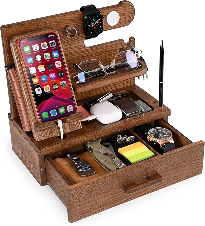 TESLYAR Wood Phone Docking Station with Drawer - Nightstand Organizer - Desk Organizer for Husband - Birthday Gifts for Men Dad Anniversary Idea Key Holder Stand Watch &amp Accessories (Earth Beig