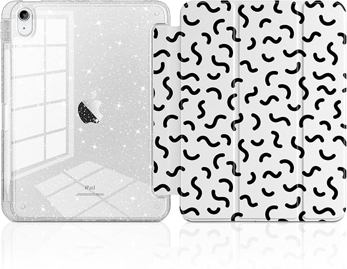 MEEgoodo Case for iPad A16 11th Generation 2025/10th Generation 2022 Glitter Tablet Cases with Transparent Acrylic Back+Trifold Stand +Pencil Holder+Auto Wake/SleepCartoon Line