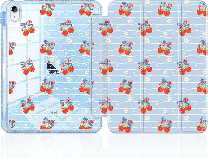 MEEgoodo Case for iPad A16 11th Generation 2025/10th Generation 2022 Glitter Tablet Cases with Transparent Acrylic Back+Trifold Stand +Pencil Holder+Auto Wake/SleepRibbon Bow &amp Girly Stripes