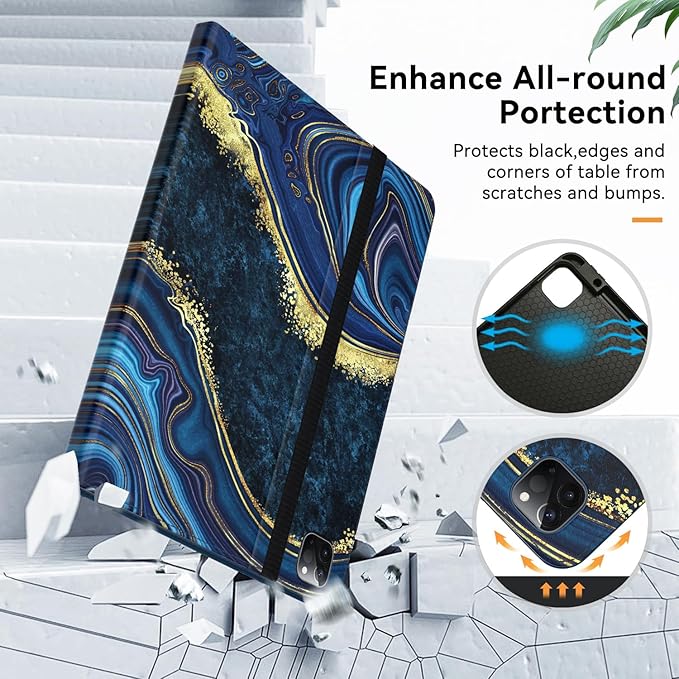 Case for New iPad Pro 12.9 inch 6th/5th/4th/3rd Generation 2022/2021/2020/2018 12.9'' ipad Pro Leather Protective Cover 6/5/4/3 Gen with Pencil Holder Auto Wake/Sleep Marble Ocean Blue