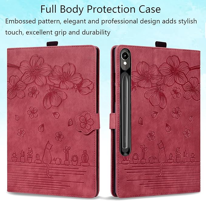 Case for Samsung Galaxy Tab S10 FE+/S10 FE Plus 13.1 Inch 2025 (SM-X620/SM-X626B) with Pencil Holder/Pockets Folio Stand Embossed Cherry Blossom PU Leather Magnetic Wallet Cover Wine Red Cat