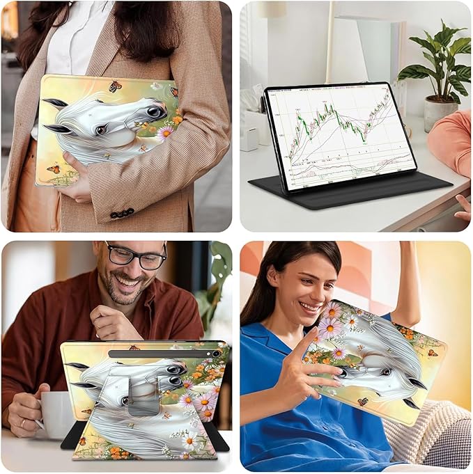 Case for Samsung Galaxy Tab S10 FE 10.9 2025/S9 FE 5G 10.9/S9 11 2023360 Degree Rotating Smart Cover Case with S Pen Holder &amp Auto Sleep/Wake-Handsome White Horse