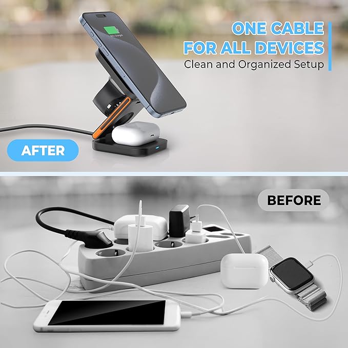 3 in 1 Charging Station for Apple Devices Magnetic Wireless Charger for iPhone 17/16/15/14/13/Air Pro/Max/Plus AirPods and Apple Watch Charging Foldable Travel Charger for Multiple Devices