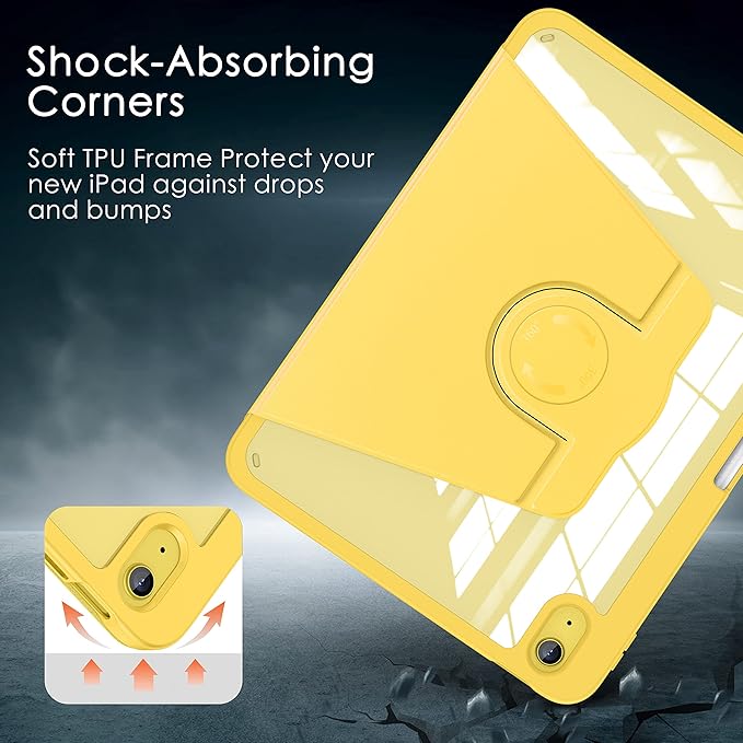 Soke Rotating Case for iPad (A16) 11th Generation 2025 iPad 10th Gen 2022 with Pencil Holder [Shockproof + Auto Sleep/Wake] 360 Degree Rotation Clear Back for iPad 11/10.9 - Yellow