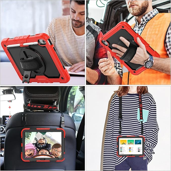 SEYMAC stock Case for iPad (A16) 11th/10th Generation 11''/10.9'' 2025/2022 Full-Body Drop Protection Case with Screen Protector &amp360° Rotate Hand Strap/Stand Black+Red