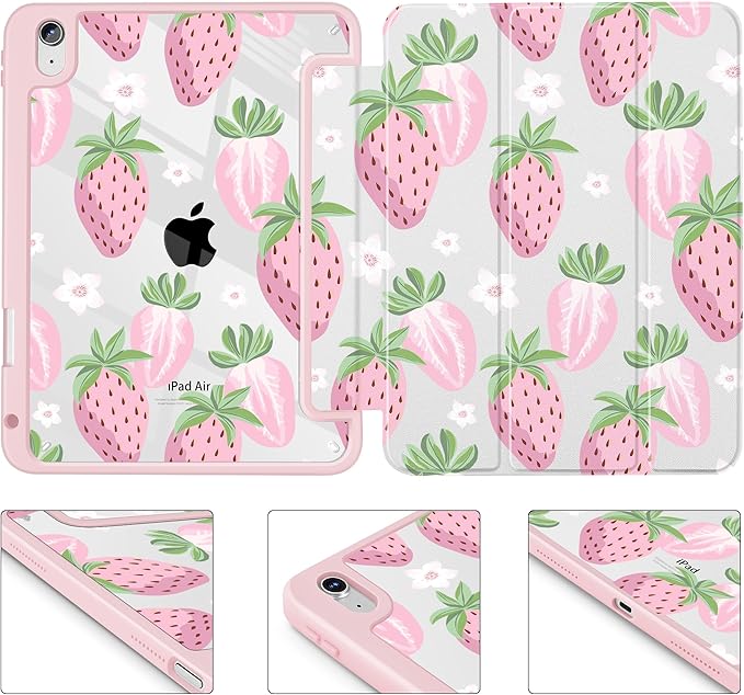 May Chen for iPad Air 11-inch M4/M3/M2 (2026/2025/2024) iPad Air 5th/4th 10.9 Inch - Shockproof Cover with Clear Back Shell &amp Penceil Holder Auto Wake/Sleep Stand Cover Strawberries