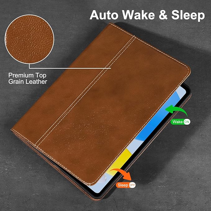Gexmil Leather Case for iPad (A16) 11th Generation 11 Inch 2025 iPad 10th Generation 10.9 Inch 2022Protective Top Grain Leather Cover Support Auto Sleep/WakeAnti SlipYellow Brown