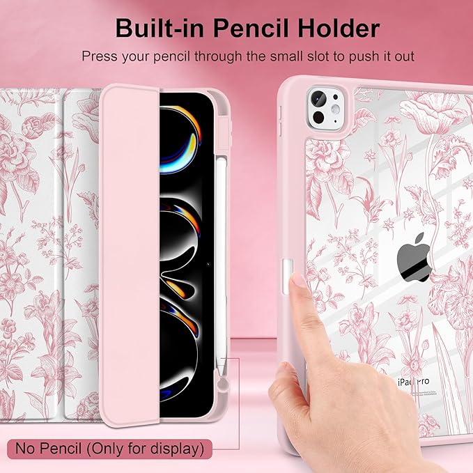 DONGKE for iPad Pro 11-Inch Case (M5 2025 / M4 2024) 6th/5th Generation [Auto Sleep/Wake &amp Pencil Pro Holder] Clear Acrylic Back Smart Trifold Stand Cover Pink Florals