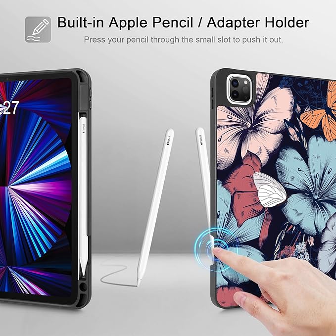 May Chen Case for iPad Pro 11 inch (4th 3rd 2nd &amp 1st Gen) 2022 2021 2020 2018 Trifold Stand + Pencil Holder + Auto Wake/Sleep + Soft TPU Protective Stand Back Cover Flowers &amp Butterflies