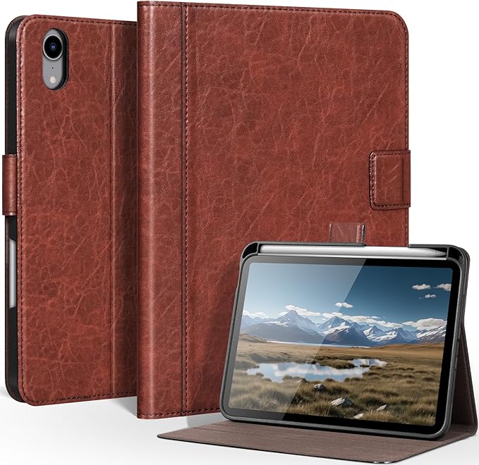 Genuine Leather Case for iPad mini 7th/6th Gen 8.3 inch Premium Folio Cover with Apple Pencil Holder Auto Wake/Sleep Adjustable Stand &amp Magnetic Closure Red Brown