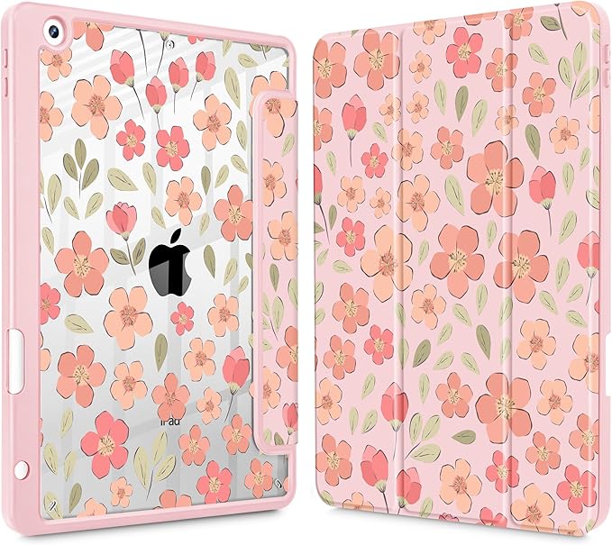 May Chen for iPad 9th Generation with Pencil Holder iPad 8th/7th Gen Case 10.2-inch [Penceil Holder] Trifold Stand Auto Wake/Sleep Clear TPU Protection Back Cover Pink Small Flowers