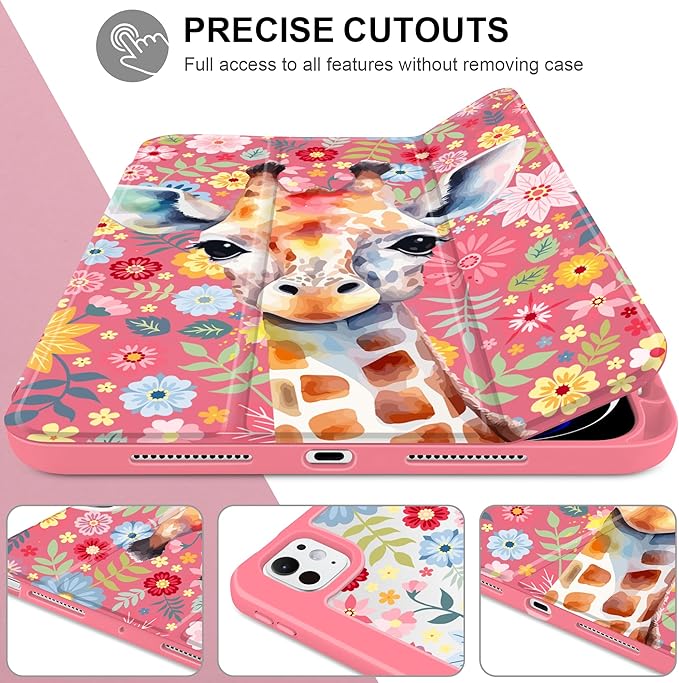 Case for iPad Pro 13 inch (M5) 2025 (M4) 2024 Release Slim Lightweight Cute Hot Pink Cover with Clear Back TPU Edge Pencil Holder Trifold Stand Giraffe