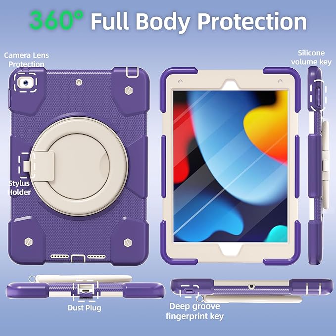 Case for iPad 9th/8th/7th Generation 10.2 inch Shockproof Cover with Screen Protector/360° Rotate Stand/Pencil Holder/Shoulder Strap Kids Case for iPad 2021/2020/2019 (Deep Purple+White)
