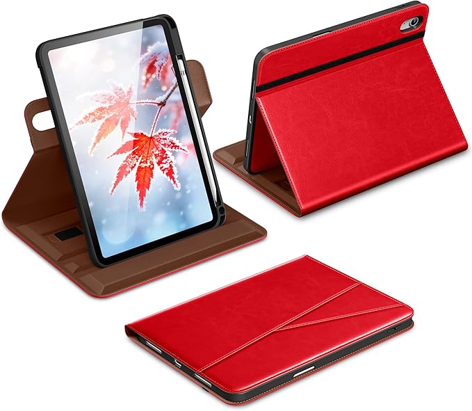 DTTO for iPad A16 Case iPad 11th / 10th Generation Case (2025/2022) 360 Degree Rotating Premium Leather Folio Stand Cover with Pencil Holder Bright Red