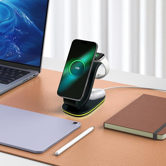Wireless Charging Station Qi2 15W 4-in-1 Charger Station for iPhone 17/16/15/14/13/12 Series Watch Airpods 1-8/Ultra iPad AirPods (Black 4 in 1)