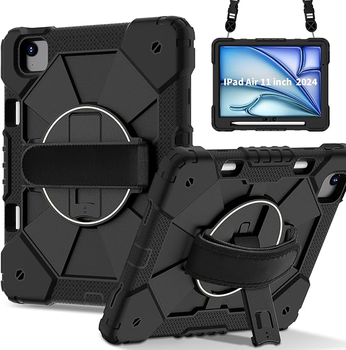 Case for iPad Air 11 Inch (M2) 2024 6th Generation Shockproof Protective With 360 Rotate Kickstand Hand Strap Shoulder Strap Black