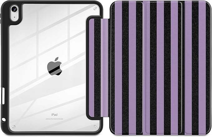 DONGKE Case for iPad (A16) 11th Generation 11 inch 2025 &amp iPad 10th Gen 10.9 inch 2022 [Built-in Pencil Holder] Clear Acrylic Back Trifold Stand Smart Cover Auto Sleep/Wake Purple Stripes