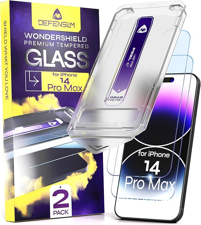Defenslim for iPhone 14 PRO MAX Screen Protector (2Pack) Easy Auto-Dust &amp Align Install Kit 6.7 Tempered Glass 9H Hardness Ultra HD Clear Case Friendly WonderShield