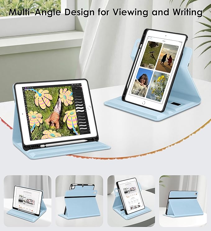 DTTO Rotating Case for iPad 6th / 5th Generation 9.7 Inch 2018/2017 iPad Air 2 / Air 1 Case 360 Degree Swiveling Premium Leather Folio Stand Cover with Pencil Holder - Auto Wake/Sleep Ice Blue