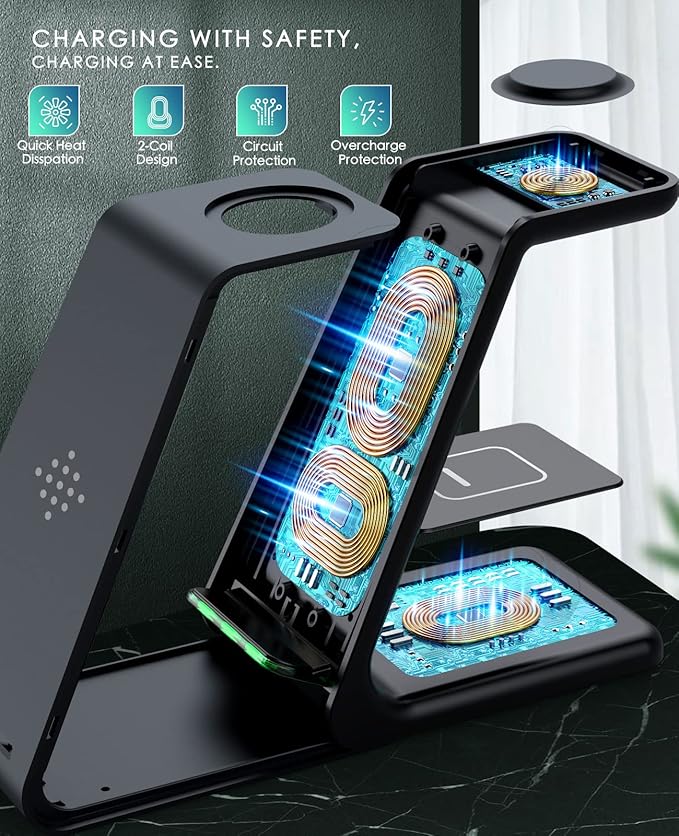 3 in 1 Wireless Charging Station 2026 Upgraded Fast Desk Charger Station for iPhone 17 16 15 14 13 12 Pro Max Plus Charger Stand for Apple Watch 10 9 8 7 6 5 4 3 2 SE Airpods 4 3 2 Pro(Black)