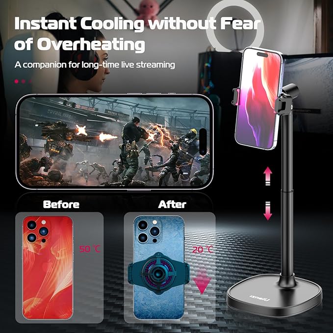 ULANZI SK-06 Cell Phone Stand with Phone Cooler Desktop Phone Live Streaming Solution with Phone Cooling Fan Height Adjustable Phone Cooler Stand Compatible with All Mobile Phones iPhone &amp Andr