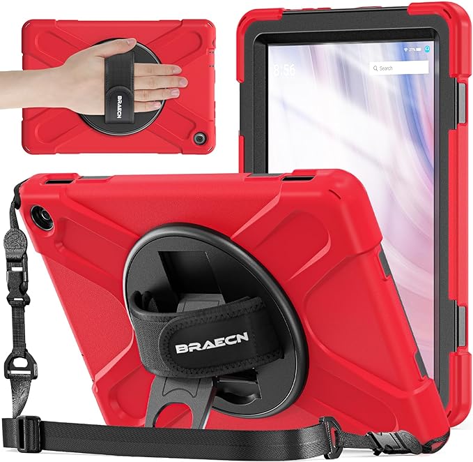 BRAECNstock for Amazon Fire HD 10 Tablet Case 13th Gen 2023 10.1 Shockproof Rugged Kindle Fire HD 10 Kids Tablet Cover with Screen Protector Rotating Hand Strap+Stand Shoulder Strap Pen Holder - Red