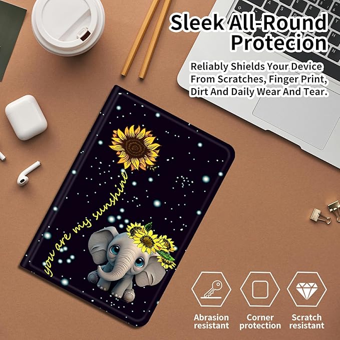 DIGTIALLL Case for iPad Air 5th/4th Generation (2022/2020 Release) 10.9/iPad Pro 11 2022/2021/2020 Release PU Leather Smart Premium Stand Protective Cover with Auto Sleep/WakeElephant Sunflower