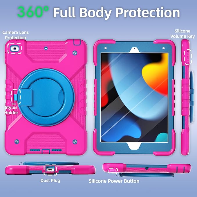 Case for iPad 9th/8th/7th Generation 10.2 inch Shockproof Cover with Screen Protector/360° Rotating Handle/Bracket/Pen Holder/Shoulder Strap Kids Case for iPad 2021/2020/2019 (Pink+Blue)