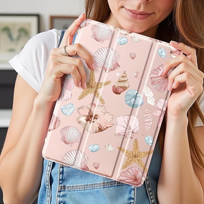 Idocolors Case for iPad 11 inch (A16 Chip) 2025 Generation 11th / iPad 10.9 inch 2022 10th Gen Built-in Pencil Holder with Soft TPU Shockproof Back Shell Auto Wake/Sleep Conch-Pink