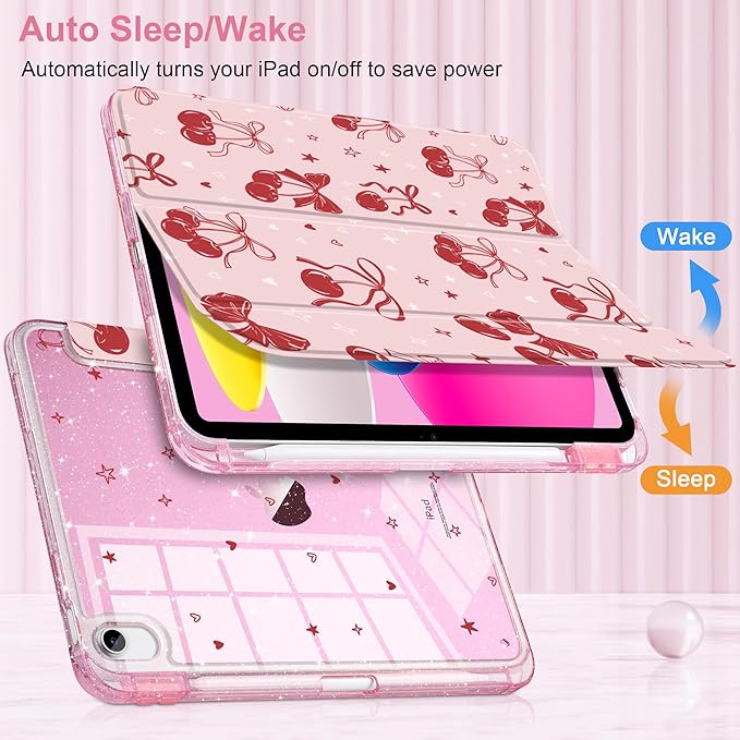 DONGKE for iPad Pro 11 inch Case – Fits M5 2025 / M4 2024 Shockproof Sparkling Glitter Acrylic Back Pencil Holder Trifold Stand Auto Sleep/Wake &amp Touch ID Support - Cherry &amp Bow