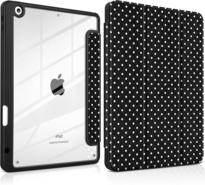 MEEgoodo Case for iPad 10.2 inchTablet Cases for iPad 9th Generation 2021/8th Gen 2020/7th Gen 2019 with Clear Acrylic Back Shell+Pencil Holder+Auto Wake/Sleep+Trifold Stand White Polka Dot