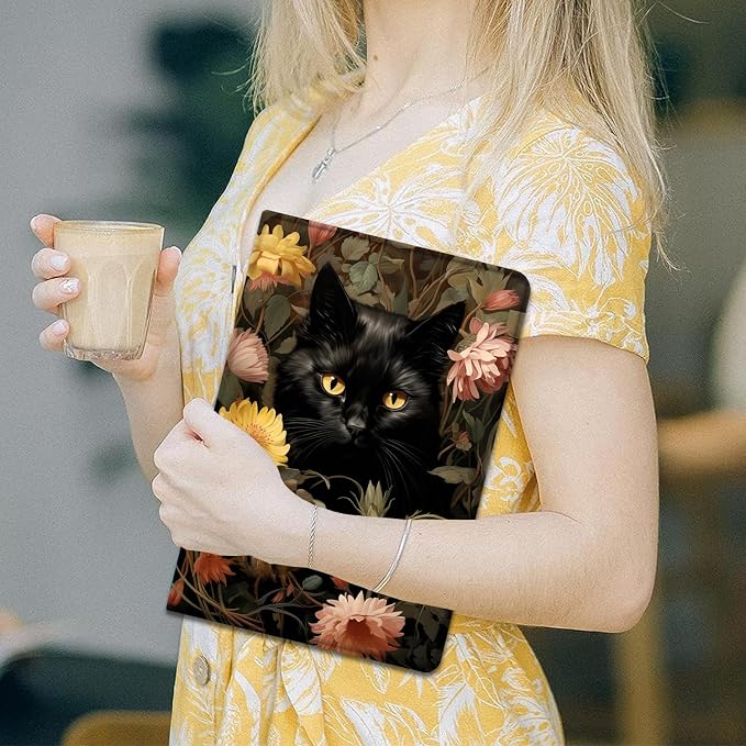 Gold Floral Black Cat