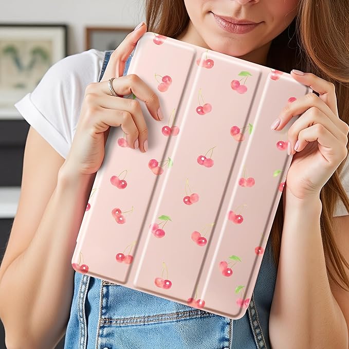 Idocolors Cute Kawaii Girly Cherry Pad Case for 11 Inch iPad Pro(2024) Clear TPU Smart Stand Back Cover with Pencil Holder Auto Wake/Sleep Foldable Shockproof Protective Case for Women Girls