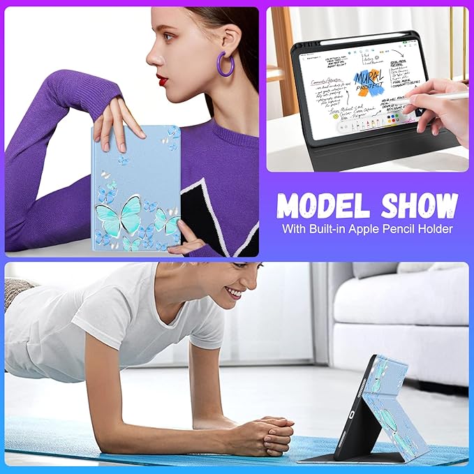 for iPad 10th Generation Case 10.9 Inch for iPad 11th(A16) 2025 Girls Cute Women Folio Cover with Pencil Holder Blue Butterfly Aesthetic Design Girly Teens Unique Tablet Cases for Apple 10/11