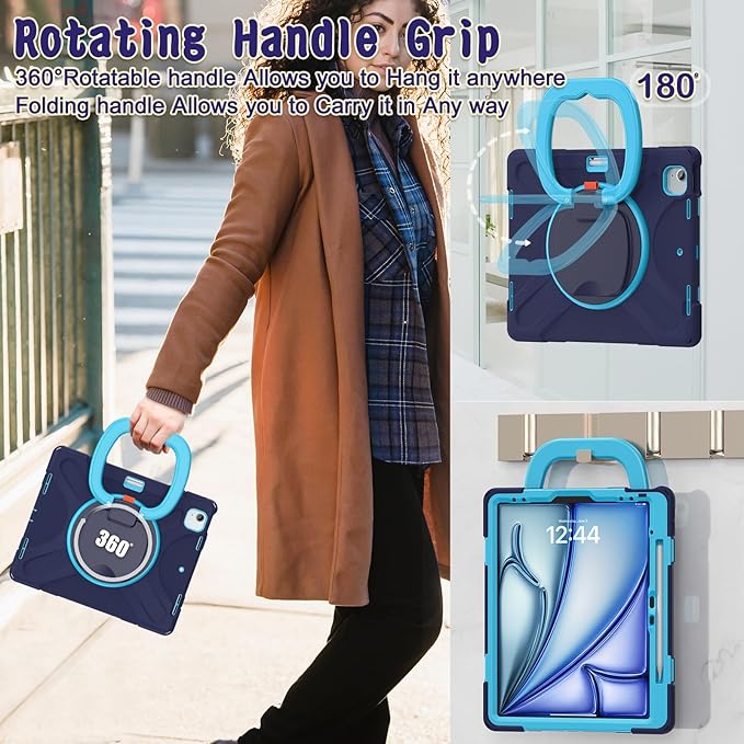 MEEgoodo Case for iPad Air 13 inch 2025 (M3) /2024 (M2) &amp iPad Pro 12.9 Case 6th/5th/4th/3rd Generation 2022 2021 2020 2018 Tablet Cover with Pencil Holder/Rotating Stand/Shoulder Strap Navy Blu