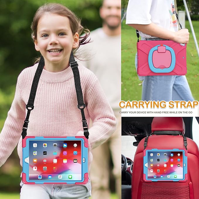 BRAECN Case for iPad 9.7 6th/5th Generation w/Pencil Holder 360 Degree Multi-Function Grip Stable Kickstand Carrying Strap 3-Layer Heavy Duty Silicone Case for iPad Pro 9.7/ iPad Air 2-Rose+Blue