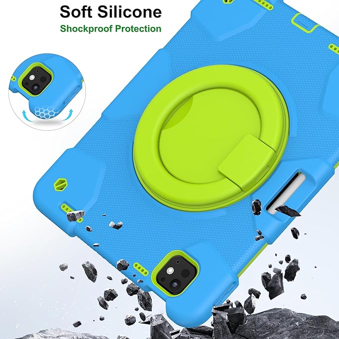 Case for iPad Pro 11 Inch M4 2024/M5 2025 Case Heavy Duty Shockproof Cover with Screen Protector/360° Rotate Stand/Shoulder Strap/Pencil Holde (Blue+Green iPad Pro M4/M5 11 inch)