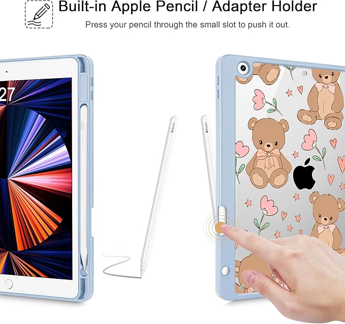 May Chen for iPad 9th Generation with Pencil Holder iPad 8th/7th Gen Case 10.2-inch [Penceil Holder] Trifold Stand Auto Wake/Sleep Clear TPU Protection Back Cover Cute Teddy Bear
