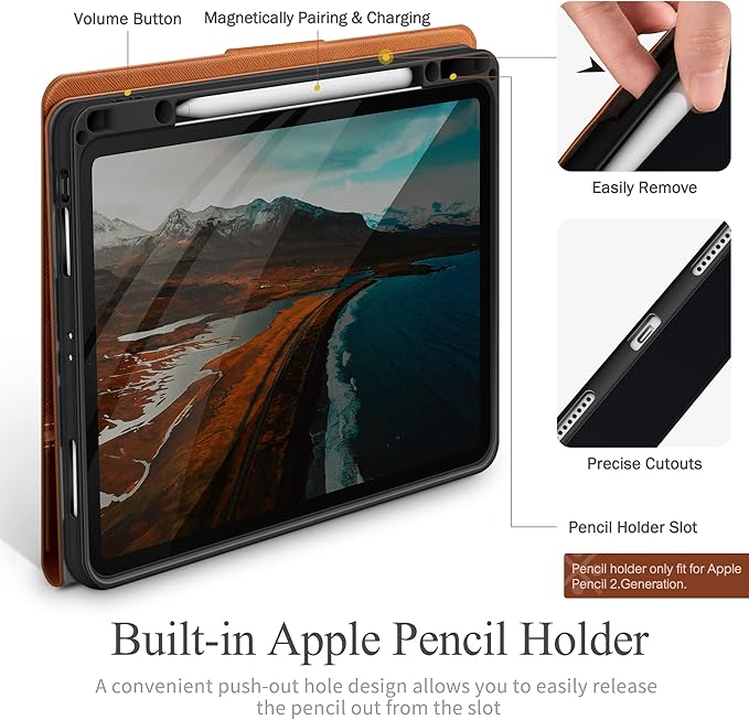 KingBlanc for iPad Pro 12.9 Case 6th/5th/4th/3rd Generation (2022/2021/2020) with Pencil Holder PU Leather Smart Stand Cover Auto Sleep/Wake Apple Pencil2 Charging Multi-Angle for Typing Brown