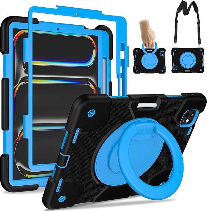 Case for iPad Pro 11 Inch M4 2024/M5 2025 Case Heavy Duty Shockproof Cover with Screen Protector/360° Rotate Stand/Shoulder Strap/Pencil Holde (Black+Blue iPad Pro M4/M5 11 inch)