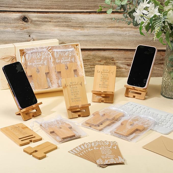 Novabright 24 Sets Employee Appreciation Gifts Bulk Bamboo Wooden Phone Stand for Desk with Greeting Cards Organza Bags Thank You Gifts for Coworkers Nurse Teacher Staff Office