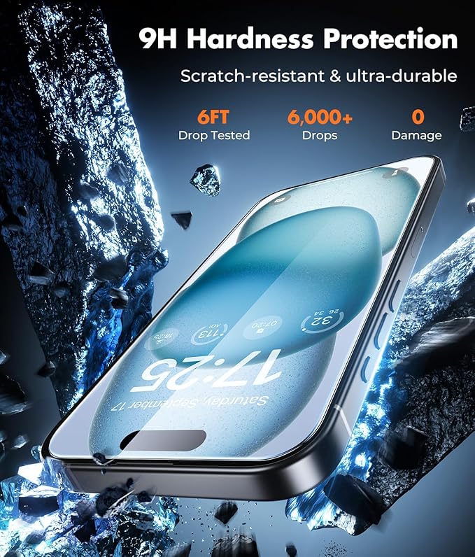 UNBREAKcable iPhone 15 Screen Protector 3-Pack 3 Tempered Glass + 3 Camera Lens Protectors 9H Hardness HD Clarity Anti-Fingerprint Case Friendly 6.1 Inch