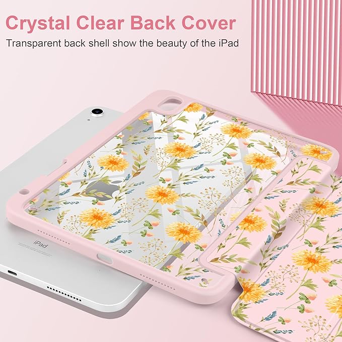 Case for iPad A16 11th Generation 11 inch 2025 iPad 10th Generation 10.9 inch 2022 -[Built-in Pencil Holder] Shockproof Clear Hard Back Trifold Stand Auto Wake/Sleep Yellow Floral
