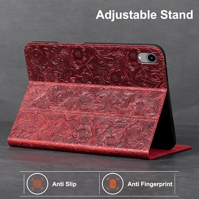 Gexmil Leather Case for iPad mini 7 (A17 Pro) 2024 / iPad mini 6 Generation 2021 8.3 InchPremium Cowhide Cover with Pencil HolderAdjustable Stand Auto Wake/SleepFloral Red