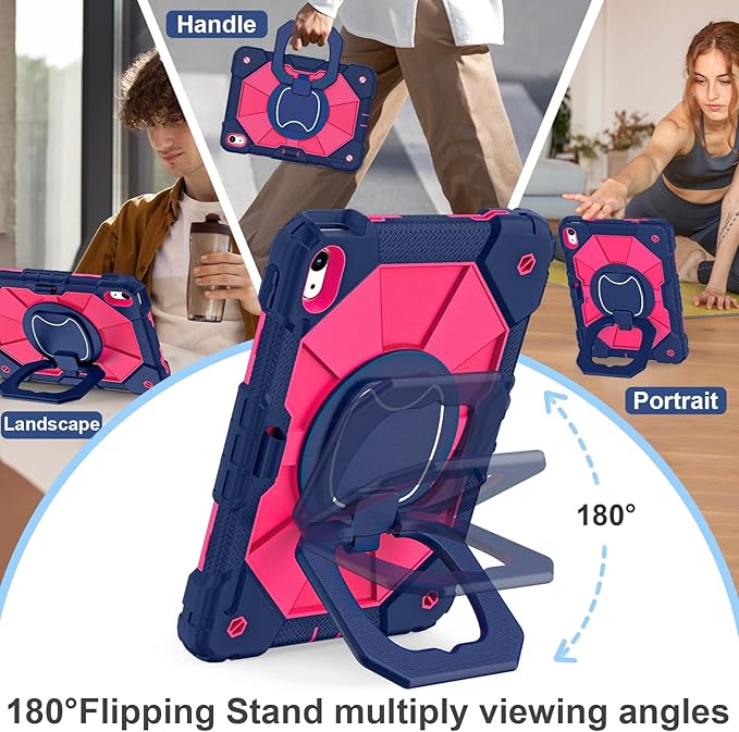 Case for iPad (A16) 11th Generation 11 Inch (2025) / iPad 10th Generation Case 10.9 Inch (2022) with 360° Rotating Stand Screen Protector Pen Holder Shoulder Strap Navy Pink
