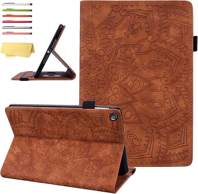 Fire HD 10 Case 9th/7th Generation (2019/2017) 10.1 with Pencil Holder Elastic Band Pocket Multi-Angle Stand Magnetic Folio Wallet PU Leather TPU Shockproof Cover Brown Paisley Flower