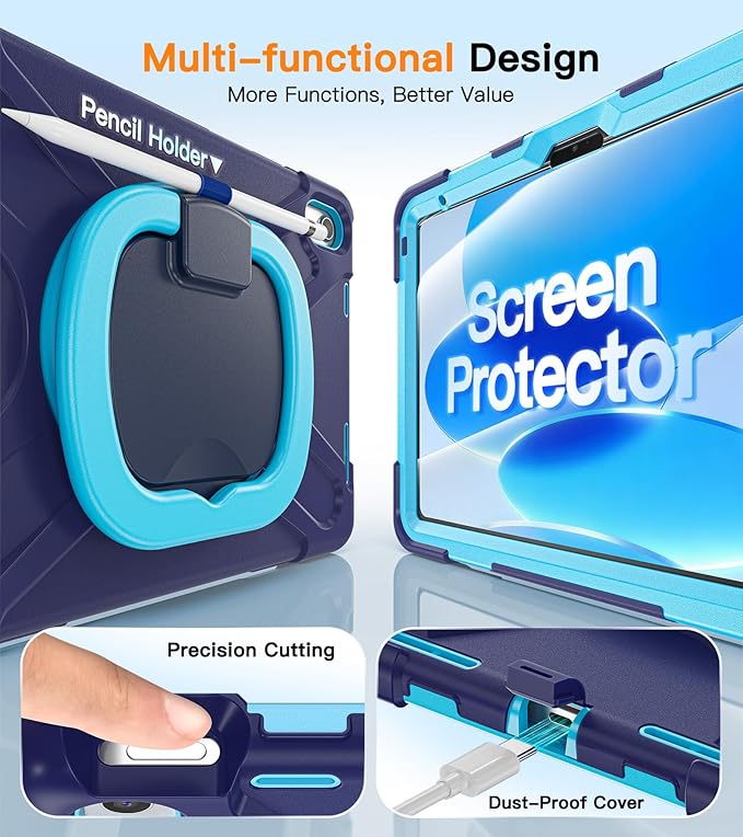 BATYUE Case for iPad (A16) 11th/10th Gen 11''/10.9'' 2025/2022 - Heavy Duty Shockproof Cover with 360° Rotating &amp 180° Folding Stand Screen Protector Shoulder Strap &amp Pencil Holder | NavyBlu