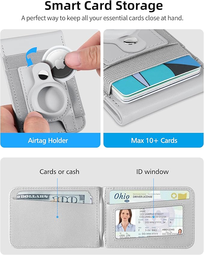 For Magsafe Wallet Stand with Airtag Holder Strongest Magnetic Wallet for iPhone 17/16/15/14/13/12 Series ID Window 4 Card Slots 10 Cards Holder Vegan Leather RFID Blocking Light Gray