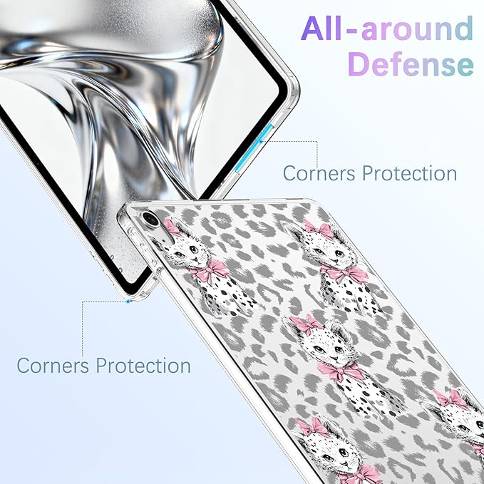 for 11 iPad Pro 4th/3rd/2nd/1st Gen (2022/2021/2020/2018)Cute Leopard Cat Crystal Clear CaseSlim Lightweight Anti-Scratch Soft TPU Bumper Hard Acrylic Back Cover for Women